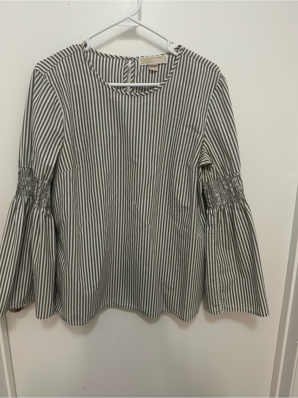MICHAEL Michael Kors olive and White Vertical Stripe Bell Sleeve Blouse